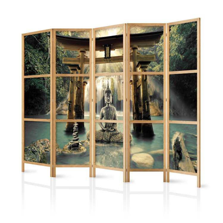 Folding Screen Buddha's Smile II (5-piece) - statue against a waterfall in zen style 133259 additionalImage 5