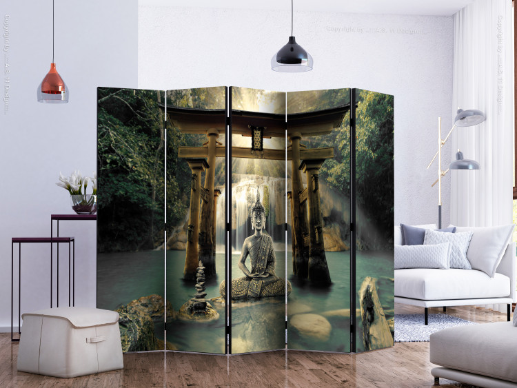 Folding Screen Buddha's Smile II (5-piece) - statue against a waterfall in zen style 133259 additionalImage 2