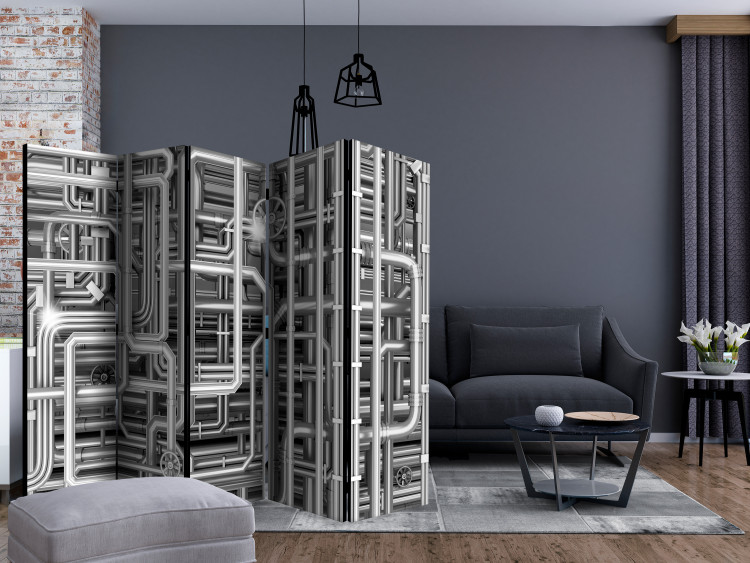 Room Divider Screen Urban Labyrinth II - abstract composition of gray metal pipes 133659 additionalImage 4
