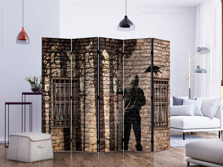 Folding Screen Urban Jungle II - brick wall with shadow of a tree and a man 133759 additionalImage 2