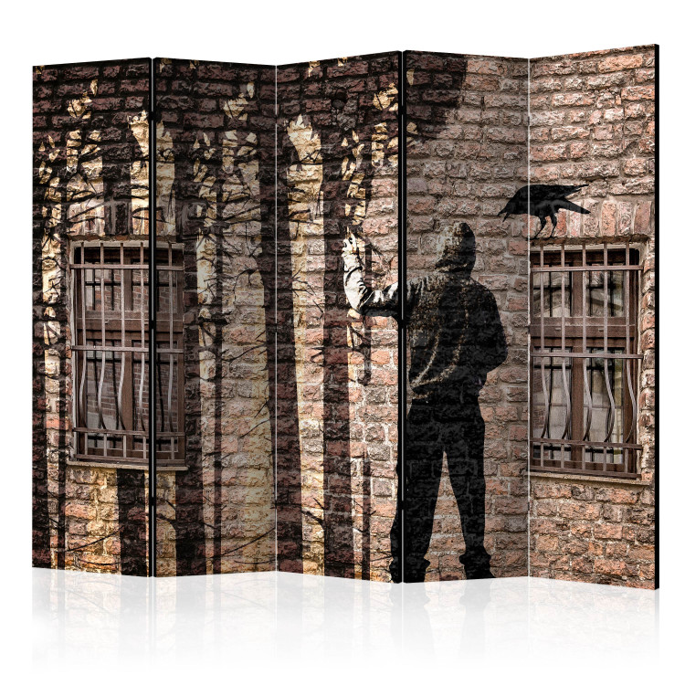 Folding Screen Urban Jungle II - brick wall with shadow of a tree and a man 133759