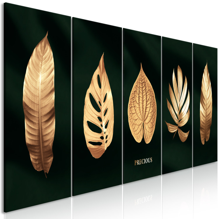 Canvas Golden Corner (5-piece) Narrow - exotic leaves on a black background 138059 additionalImage 2
