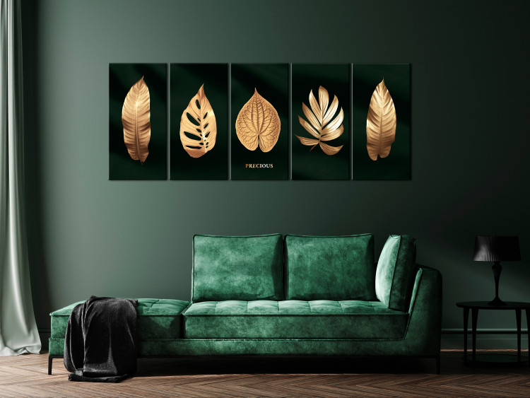 Canvas Golden Corner (5-piece) Narrow - exotic leaves on a black background 138059 additionalImage 3
