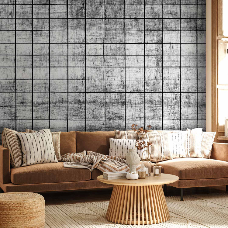 Photo Wallpaper Wooden tiles - grey background with pattern of small rectangles mosaic 144959