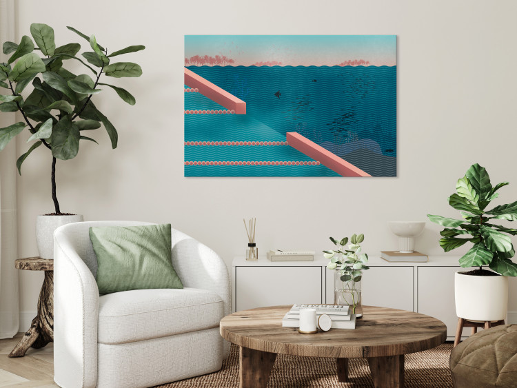 Canvas Art Print Marvelous Pool (1-piece) - abstraction with blue waves against a palm background 145359 additionalImage 3