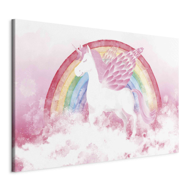 Canvas Art Print Pink Power - A Unicorn With Wings and a Rainbow on a Background of Clouds 151259 additionalImage 2