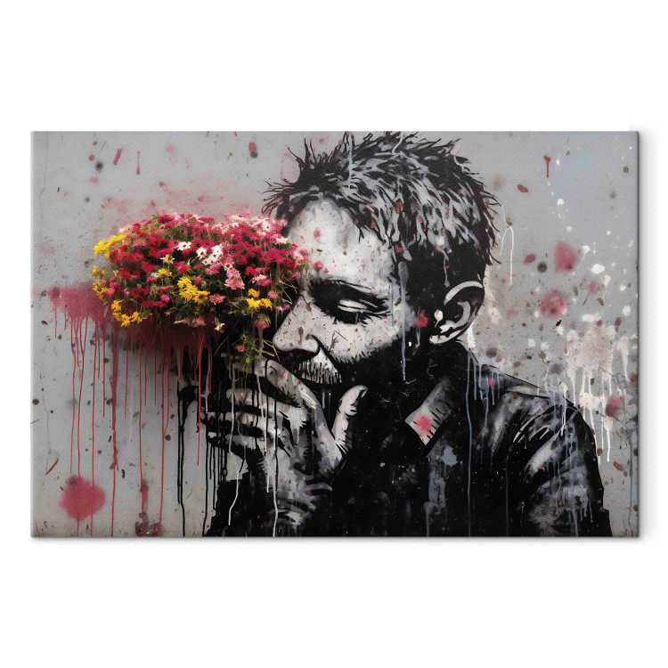 Canvas Art Print Man With Flowers - Street Art With a Plant Accent 151759