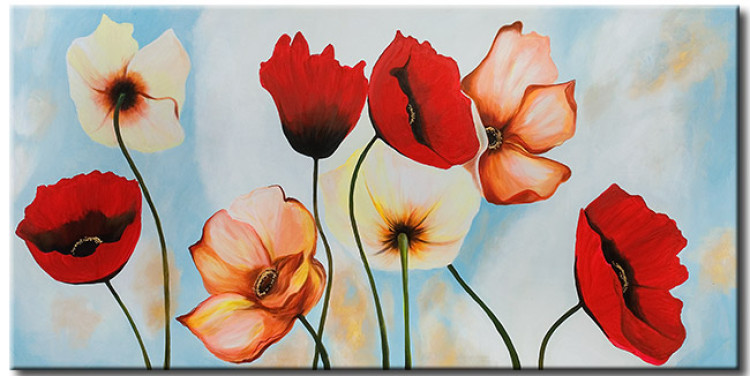 Canvas Print Various Colors of Poppies (1-piece) - floral motif with blue sky 47159