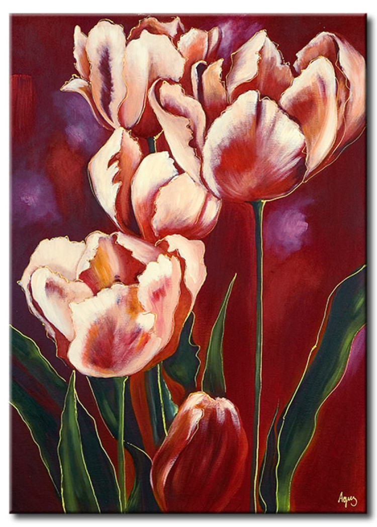 Canvas Print Romantic Tulips (1-piece) - Pink flowers on a red background 48659