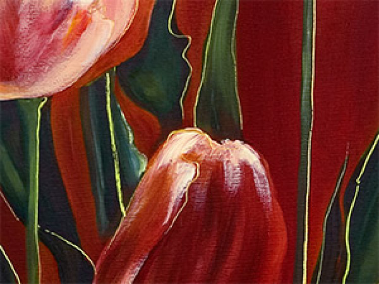 Canvas Print Romantic Tulips (1-piece) - Pink flowers on a red background 48659 additionalImage 3