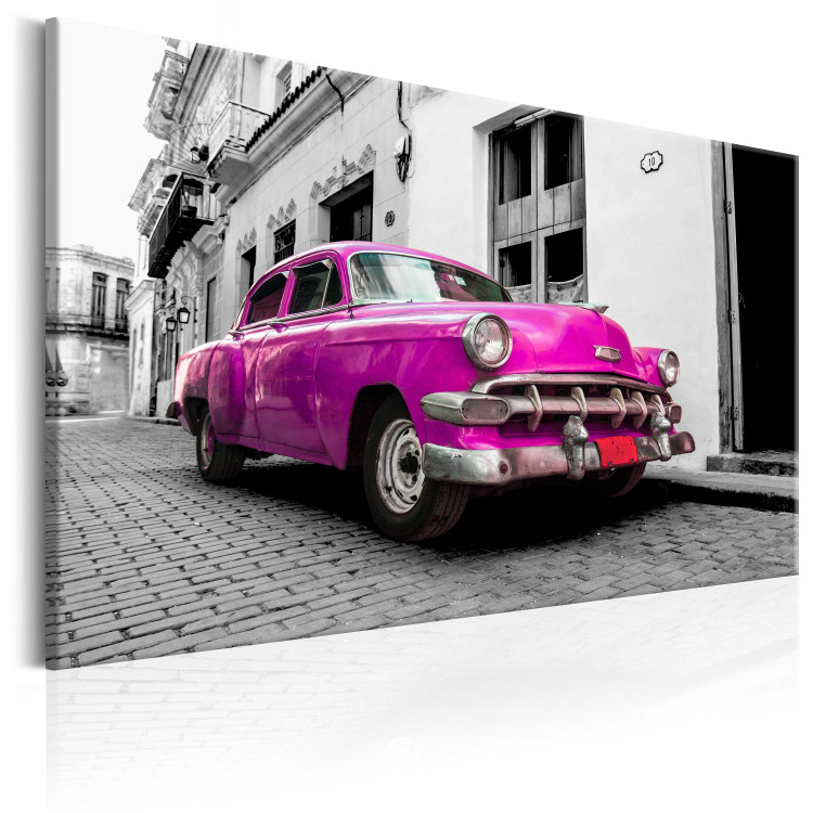 Canvas Pink Cuban Car (1-piece) - Car Against a Black and White Cityscape 93959 additionalImage 2