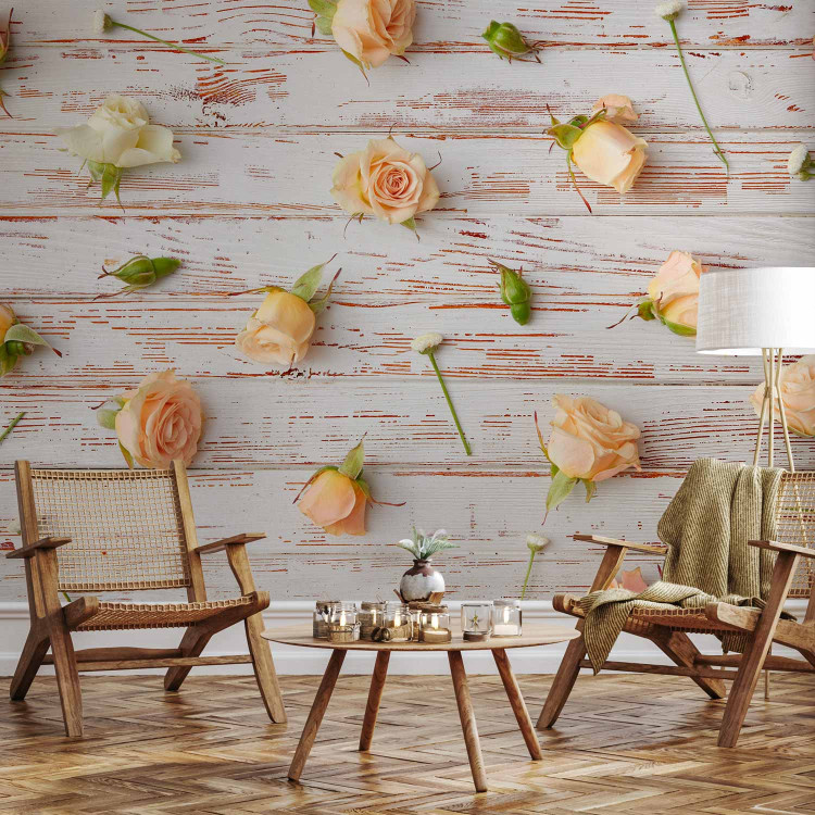 Wall Mural Romantic floral composition - roses and daisies on a wooden background 97459