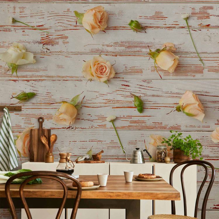 Wall Mural Romantic floral composition - roses and daisies on a wooden background 97459 additionalImage 4