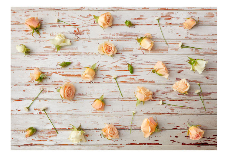 Wall Mural Romantic floral composition - roses and daisies on a wooden background 97459 additionalImage 1