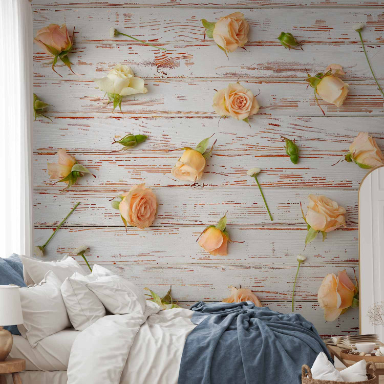 Wall Mural Romantic floral composition - roses and daisies on a wooden background 97459 additionalImage 2