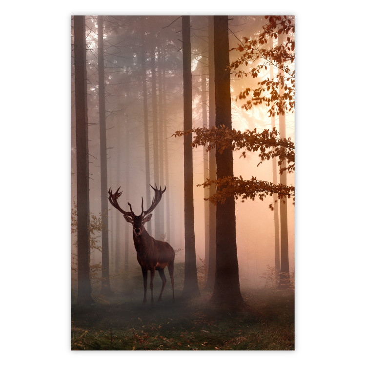 Wall Poster Morning - wild deer among forest trees against the backdrop of an autumn landscape 120469
