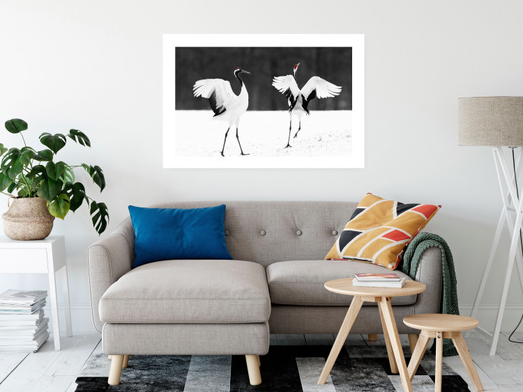 Poster Dancing Cranes - winged animals in a black and white motif 125369 additionalImage 2