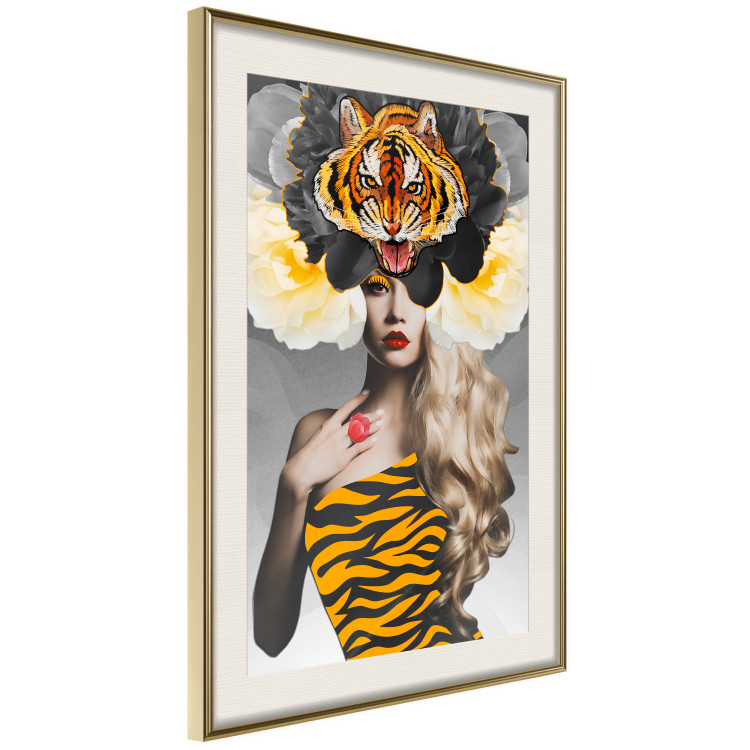 Poster Tiger Eye - abstract woman in tiger outfit on gray background 127869 additionalImage 2