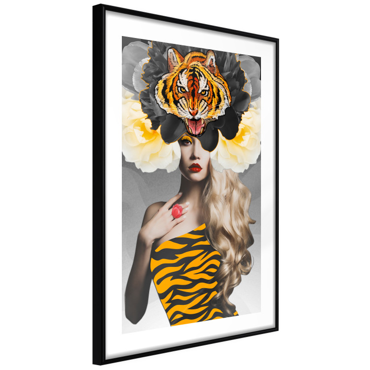 Poster Tiger Eye - abstract woman in tiger outfit on gray background 127869 additionalImage 2