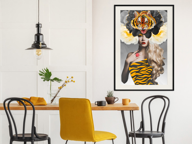 Poster Tiger Eye - abstract woman in tiger outfit on gray background 127869 additionalImage 25