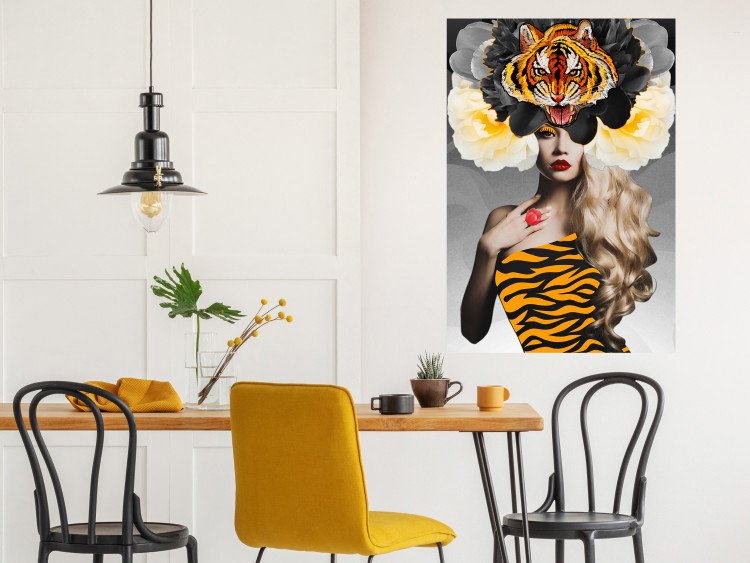 Poster Tiger Eye - abstract woman in tiger outfit on gray background 127869 additionalImage 3