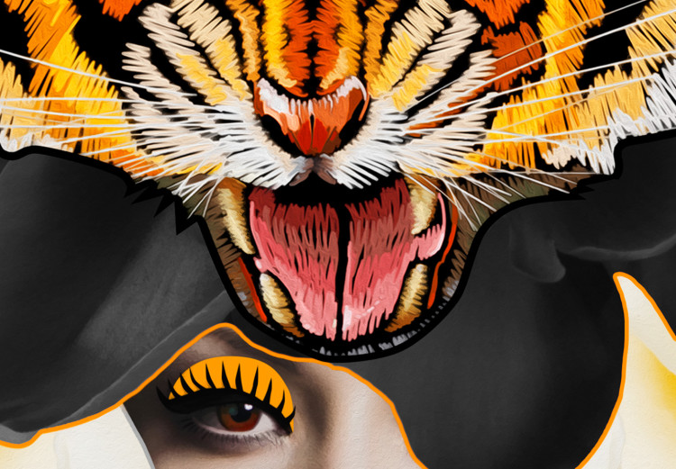 Poster Tiger Eye - abstract woman in tiger outfit on gray background 127869 additionalImage 10