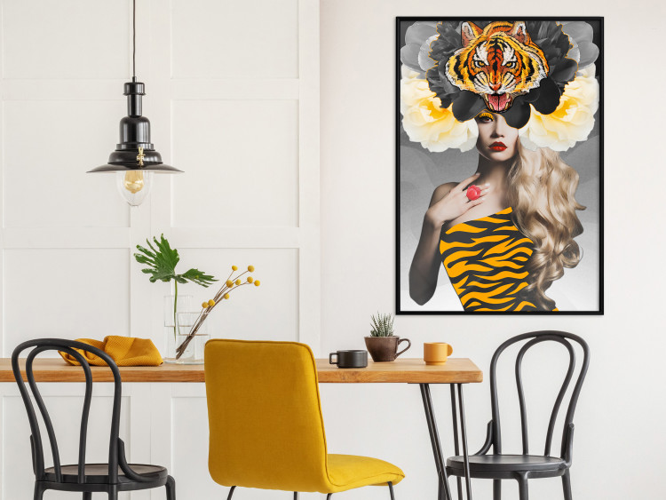 Poster Tiger Eye - abstract woman in tiger outfit on gray background 127869 additionalImage 6