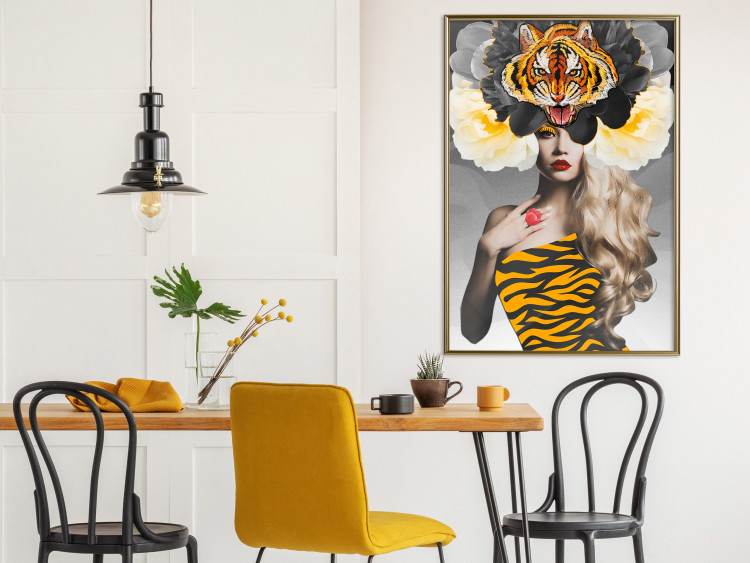 Poster Tiger Eye - abstract woman in tiger outfit on gray background 127869 additionalImage 7