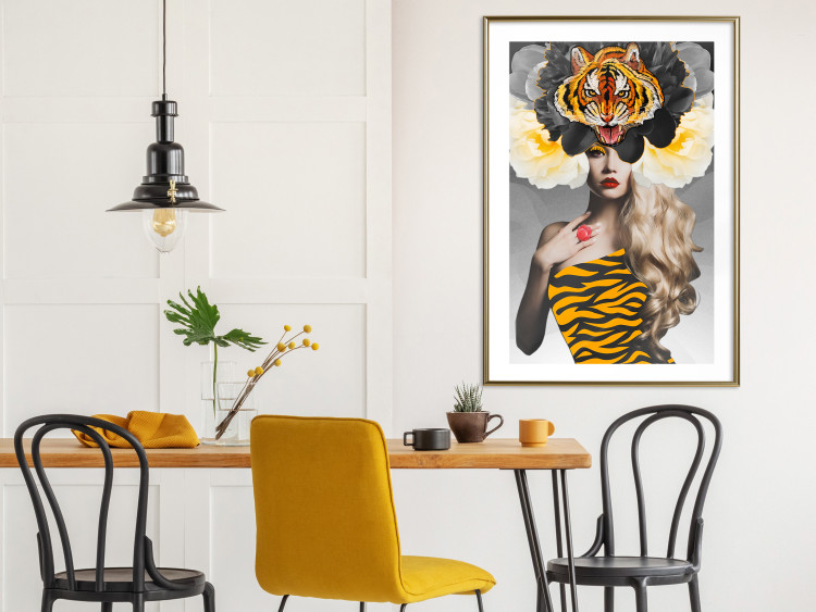 Poster Tiger Eye - abstract woman in tiger outfit on gray background 127869 additionalImage 19