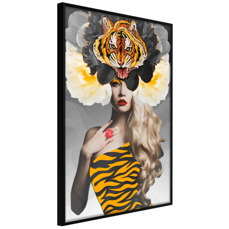 Poster Tiger Eye - abstract woman in tiger outfit on gray background 127869 additionalImage 13