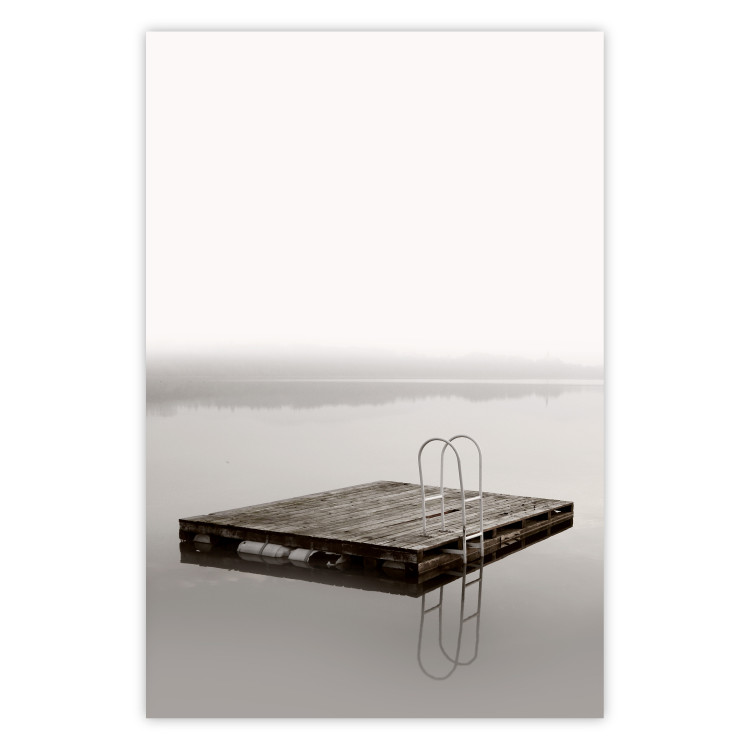 Poster Dive In - board with a ladder in the middle of a lake amidst white glare 130269
