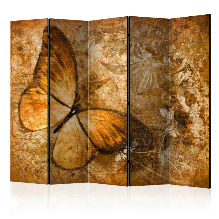 Room Divider Butterfly (Sepia) II (5-piece) - beautiful insect on an orange background 132569