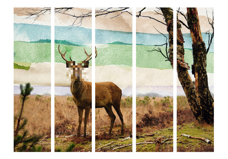 Room Divider Forest Fugitive II (5-piece) - censored deer against landscape background 133369 additionalImage 3