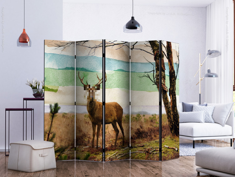 Room Divider Forest Fugitive II (5-piece) - censored deer against landscape background 133369 additionalImage 2