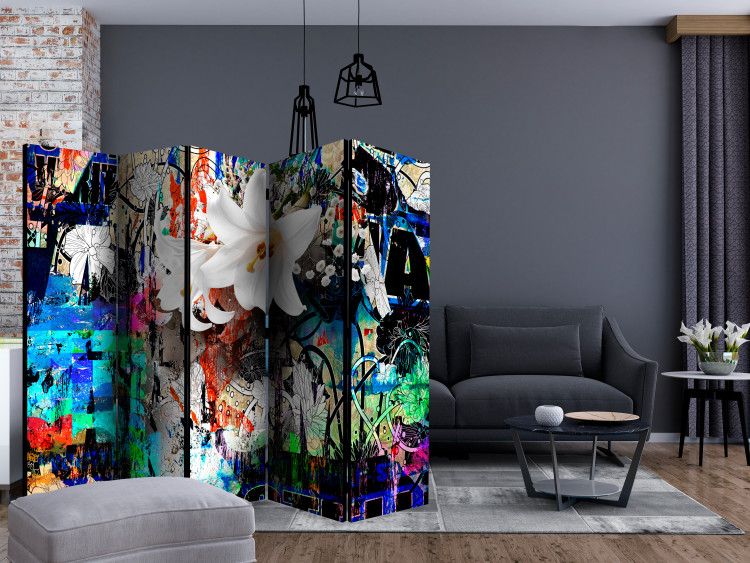 Room Separator Urban Lily II (5-piece) - colorful abstraction in white flowers 133569 additionalImage 4