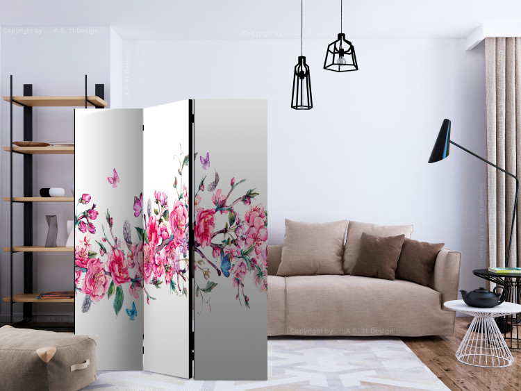 Room Separator Flowers and Butterflies (3-piece) - romantic cherry blossoms on white 134269 additionalImage 4