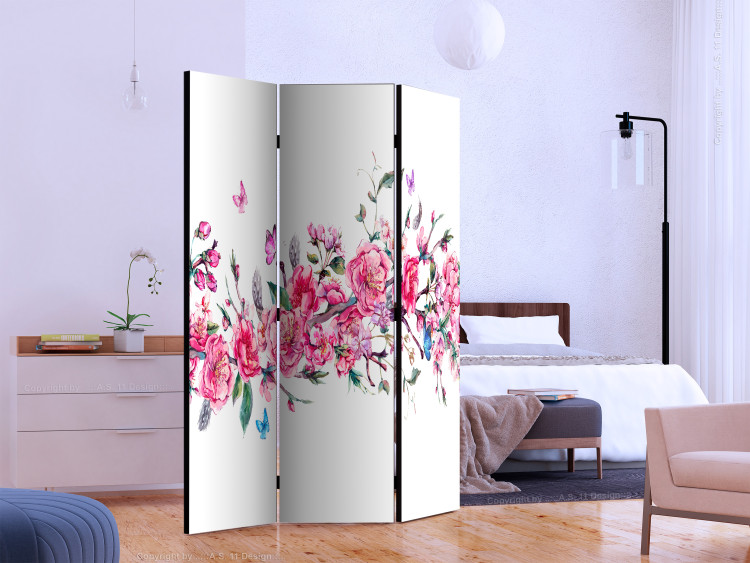 Room Separator Flowers and Butterflies (3-piece) - romantic cherry blossoms on white 134269 additionalImage 2