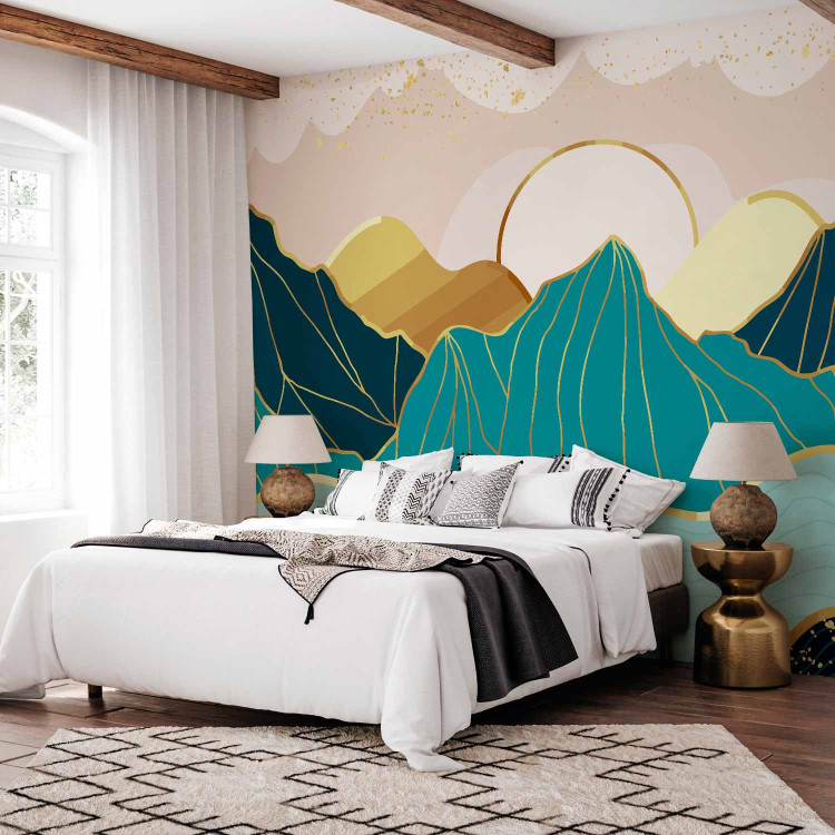 Wall Mural Abstract landscape with gold - landscape of mountains in blue tones 137469 additionalImage 2