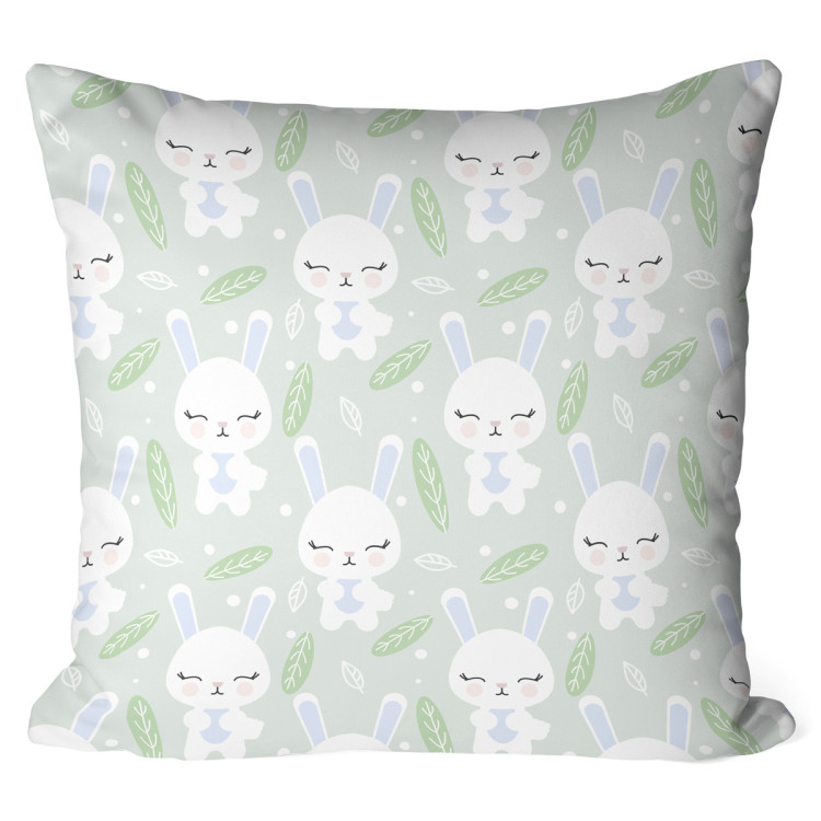 Decorative Microfiber Pillow Group of hares - composition in shades of white, blue and green cushions 147669