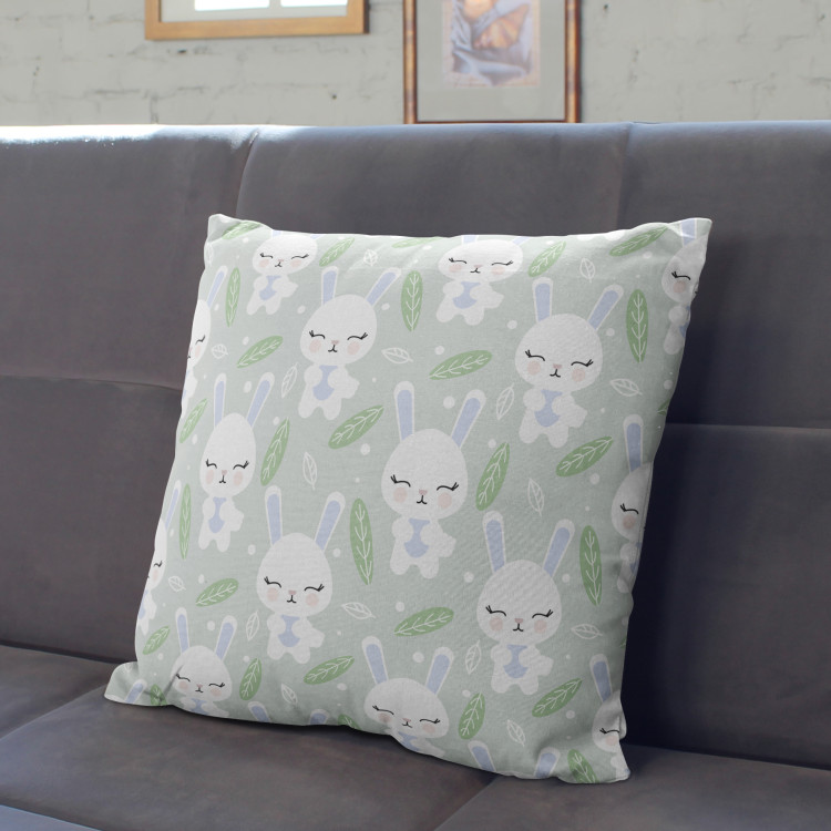 Decorative Microfiber Pillow Group of hares - composition in shades of white, blue and green cushions 147669 additionalImage 3