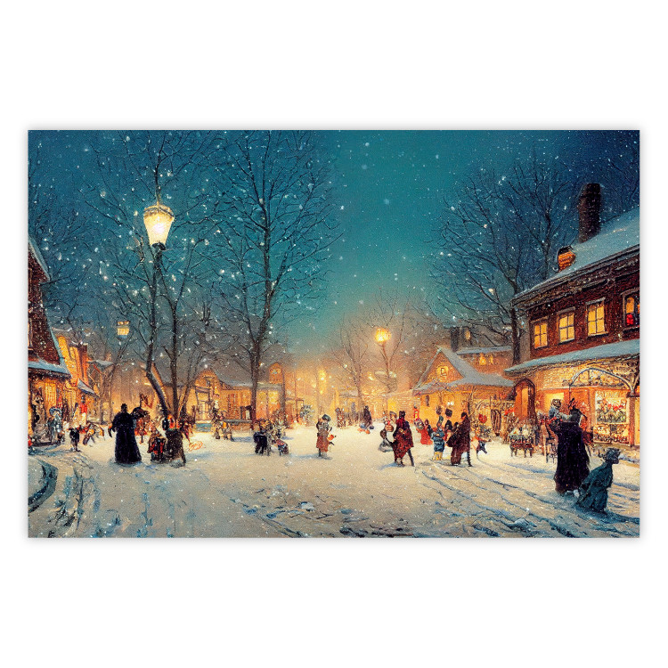 Poster Winter Postcard - A Snowy Street Lit up With Retro Lanterns 151869