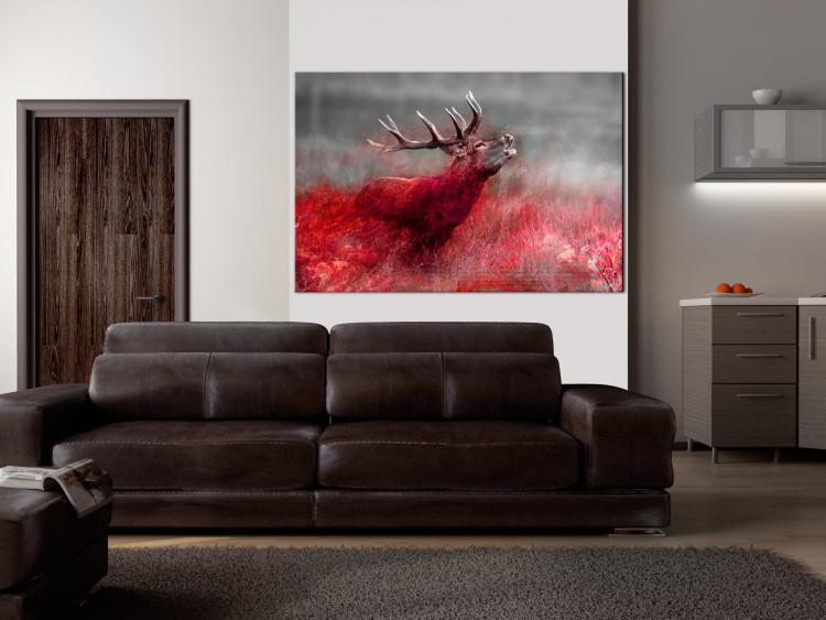 Canvas Art Print Deer Roar (1-piece) - Howling Animal and Texts on Scarlet Field 105779 additionalImage 3