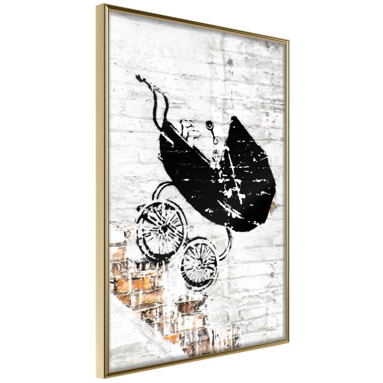 Poster Racing Stroller - mural with a stroller in Banksy style against a white brick wall 118779 additionalImage 2