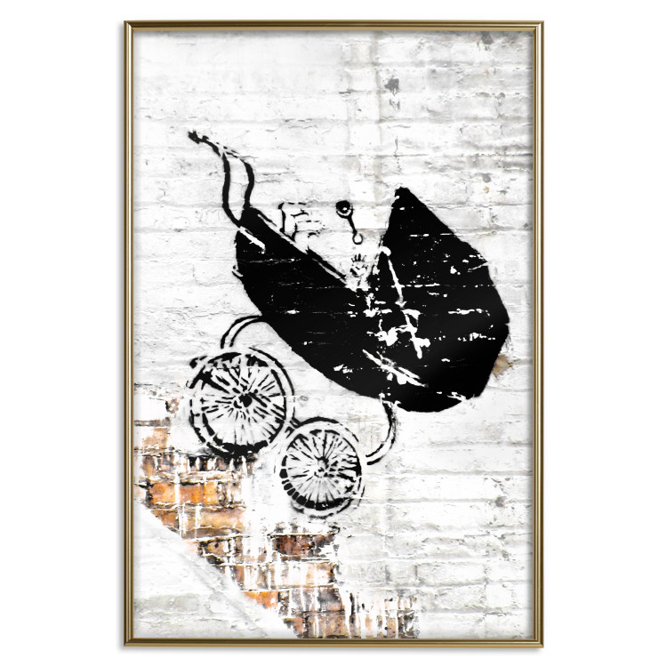 Poster Racing Stroller - mural with a stroller in Banksy style against a white brick wall 118779 additionalImage 16