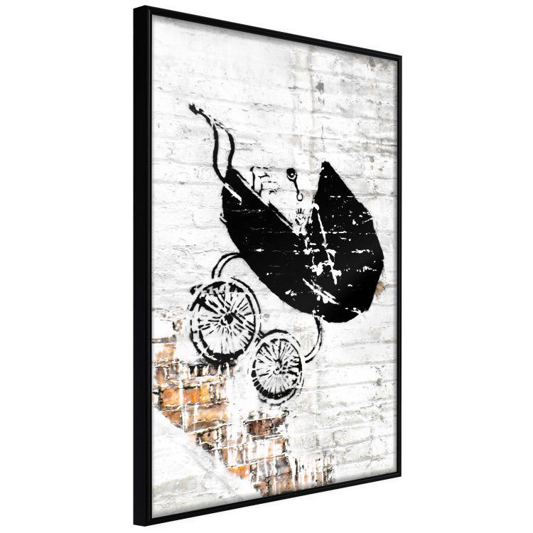 Poster Racing Stroller - mural with a stroller in Banksy style against a white brick wall 118779 additionalImage 4