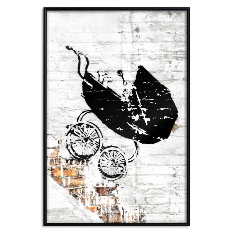 Poster Racing Stroller - mural with a stroller in Banksy style against a white brick wall 118779 additionalImage 18