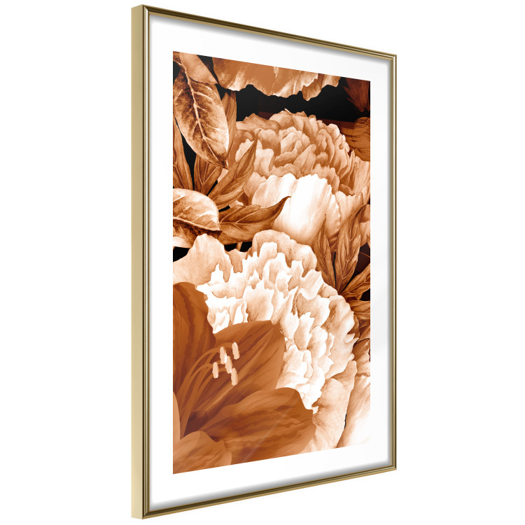 Poster Lilies and Peonies - plant flowers and leaves in sepia motif on black background 123879 additionalImage 6