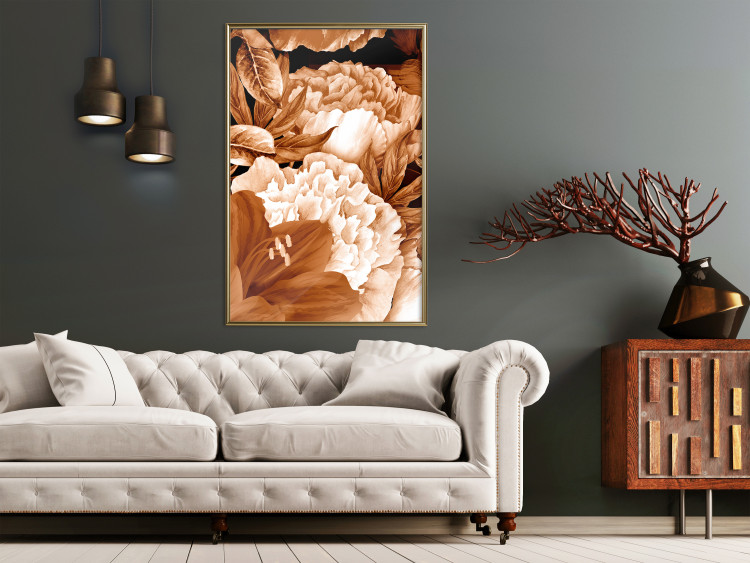 Poster Lilies and Peonies - plant flowers and leaves in sepia motif on black background 123879 additionalImage 5