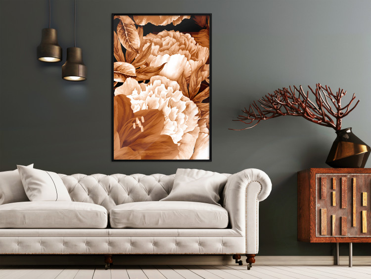 Poster Lilies and Peonies - plant flowers and leaves in sepia motif on black background 123879 additionalImage 3