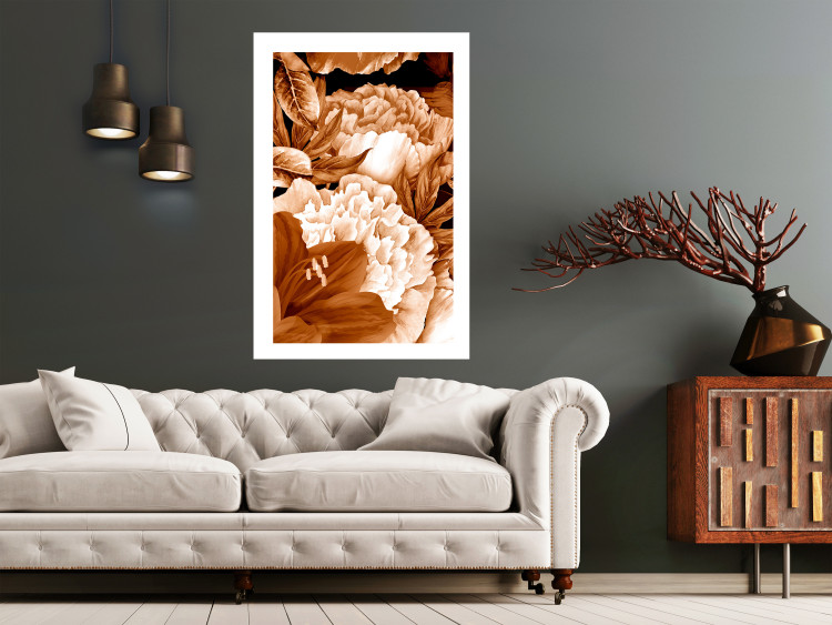 Poster Lilies and Peonies - plant flowers and leaves in sepia motif on black background 123879 additionalImage 2